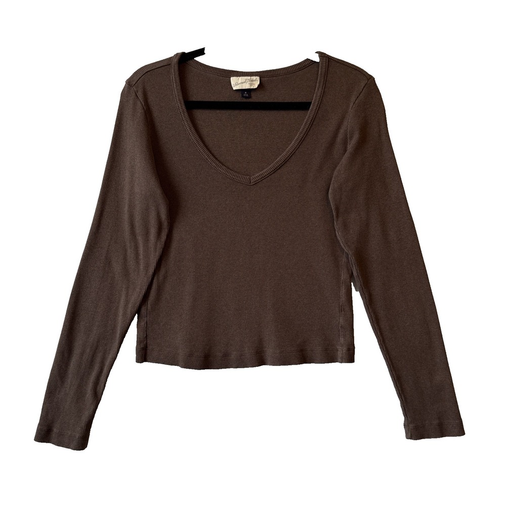 Universal‎ Thread Ribbed V Neck Long Sleeve Cropped Top M Brown 90s Y2K Grunge